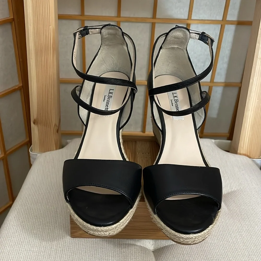L.K. Bennett Black Leather Nellie Peep Toe Espadrille Wedge Heel EU 37.5 /US 7 - Picture 4 of 16